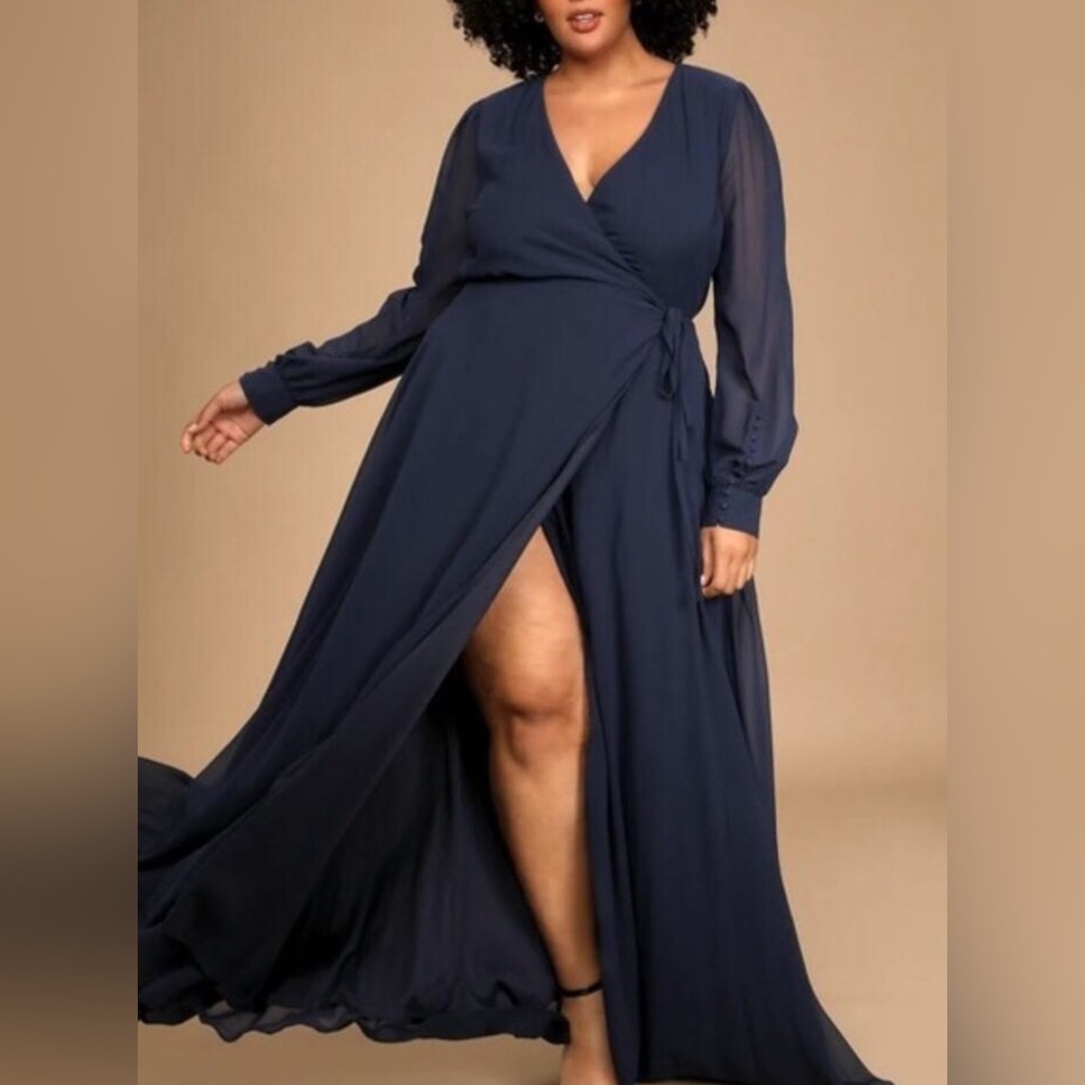 Lulus My Whole Heart Navy Long Sleeve Wrap Dress | 1X